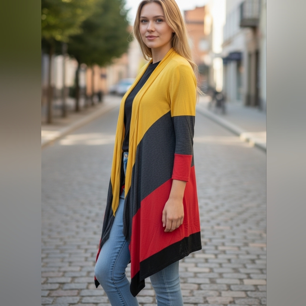 Flamingo Urban Colorblock Cardigan in Mustard, Charcoal, and Crimson